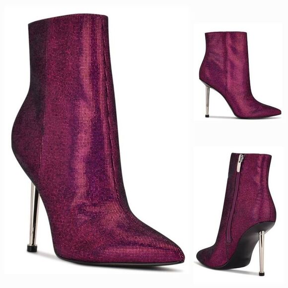 🔥NWT Nine West Iridescent Fuchsia "Tryin" Silver Stiletto Booties Size 7 - Picture 1 of 16